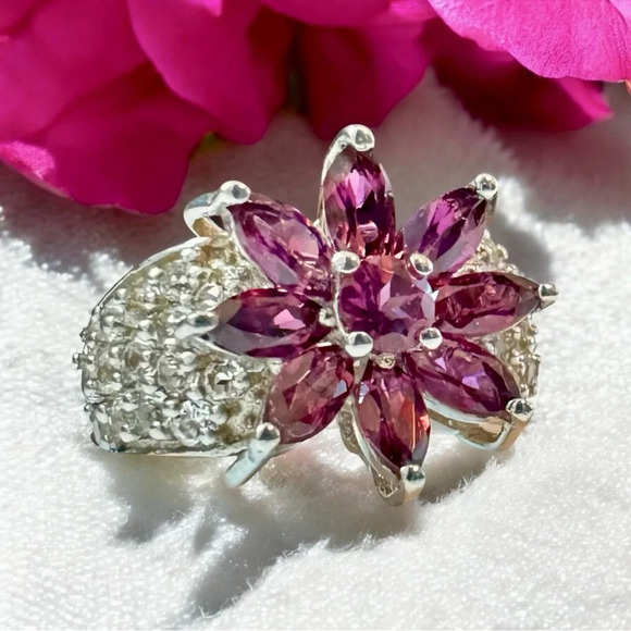 💜🩷Vibrant Rubellite Tourmaline & White Topaz Sterling Silver Ring (6) - Picture 2 of 9